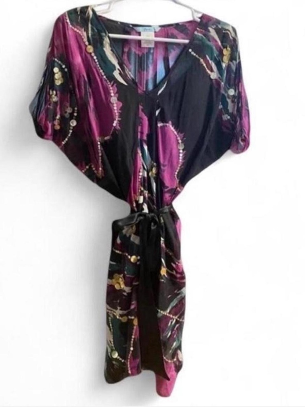 GUESS by Marciano Abstract Print Sheer Silk Sequin V-Neck Mini Dress W/ Slip Med